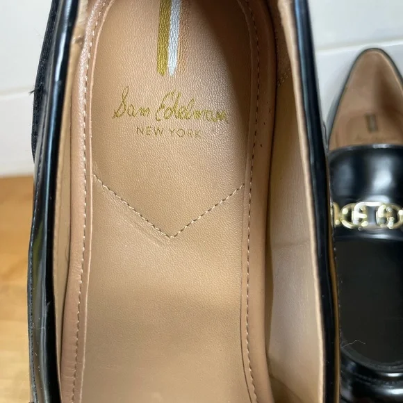 Sam Edelman Black Patent Leather Loafers with Gold Chain - Picture 14 of 16